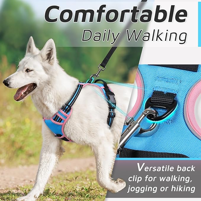 Eagloo Dog Harness for Large Dogs, No Pull Service Vest with Reflective Strips and Control Handle, Adjustable and Comfortable for Walking, No Choke Pet Harness with 2 Metal Rings, Pink & Blue, L