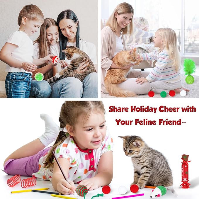 24 Pcs Cat Toys Set Interactive Kitten Toys Pack Including Collapsible Play Tunnel Feather Teaser Wand Fuzzy Ball Springs Pillow Mouse Bells for Indoor Cats Puppy (Green Red,Christmas)