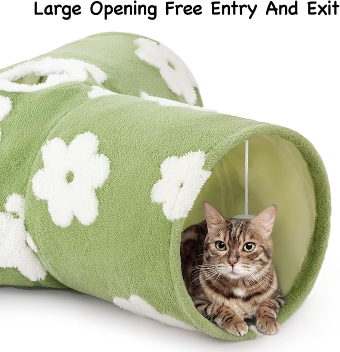 Tempcore Flannel Pet Cat Tunnel Tube Cat Toys 3 Way Collapsible, Cat Tunnels for Indoor Cats,Kitty Tunnel Bored Pet Toys Peek Hole Toy Ball Puppy, Kitty, Kitten, Rabbit Daisy Green