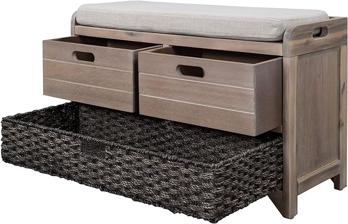 Storage Bench Removable Basket 2 Drawers Fully Assembled Acacia Wood Shoe Bench Standing Shoe Rack Removable Cushion for Living Room, Entrance Hallway, No Assembly Required White Washed