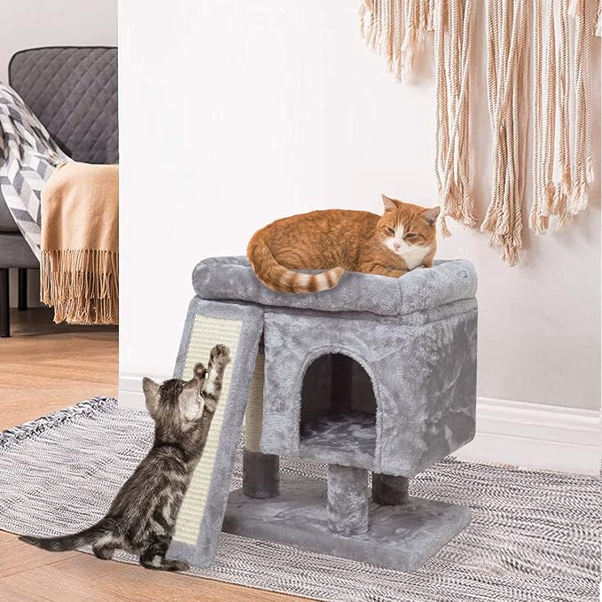 SYANDLVY Small Cat Tree for Indoor Cats, Cat Tower with Scratching Post, Modern Activity House for Large Cats, Condo with Board, Kittens Cave (Light Grey)