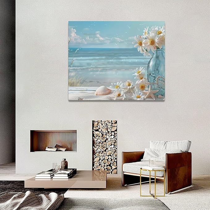 Large Beach Wall Art for Living Room Flower Daisy Art Big Space Size Framed Ocean Shell Canvas Prints Blue Pictures Painting Artwork Office Bedroom Home Decor 60"x30"