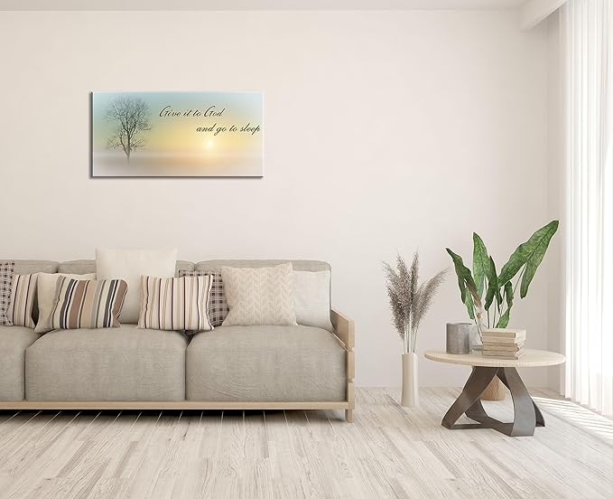 Lasdel Canvas Wall Art of Misty Sunset & Tree Plant Picture For Bedroom Home Above Bed, White Country Wood Sign For Bathroom, Give It To God & Go to Sleep Artwork Decor, Inner Frame 20x40 Inches