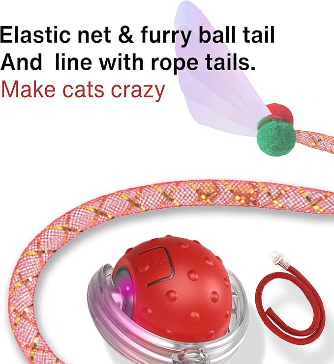 Interactive Cat Toy – Motion Activated Rolling Ball with LED Lights & 3 Play Modes & Two Different Tails - Best Toy for Indoor Cats & Kittens to Stay Active and Stimulate Hunting Instinct