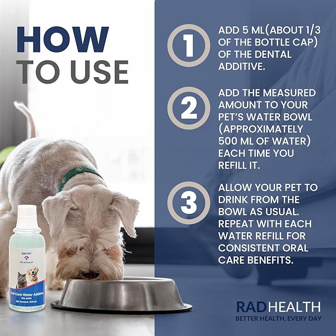 Rad Health Water Additive – Dog Dental Water Additive for Fresh Breath, Plaque & Tartar Control, Easy Mouthwash for Dogs & Cats, 330ml Formula Supports Daily Oral Hygiene, No Brushing Needed
