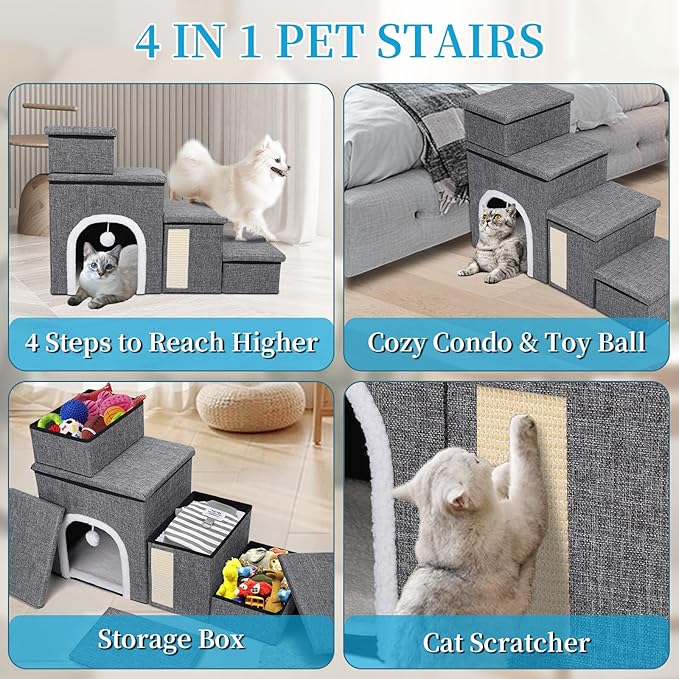 Dog Stairs for Bed and Couch 23โH, Foldable Dog Stairs for Small Older Dogs, 4 in 1 Adjustable Pet Cat Steps Ramps with Storage, Condo, Cat Scratcher, Hold Up to 180LBS, 4 Steps