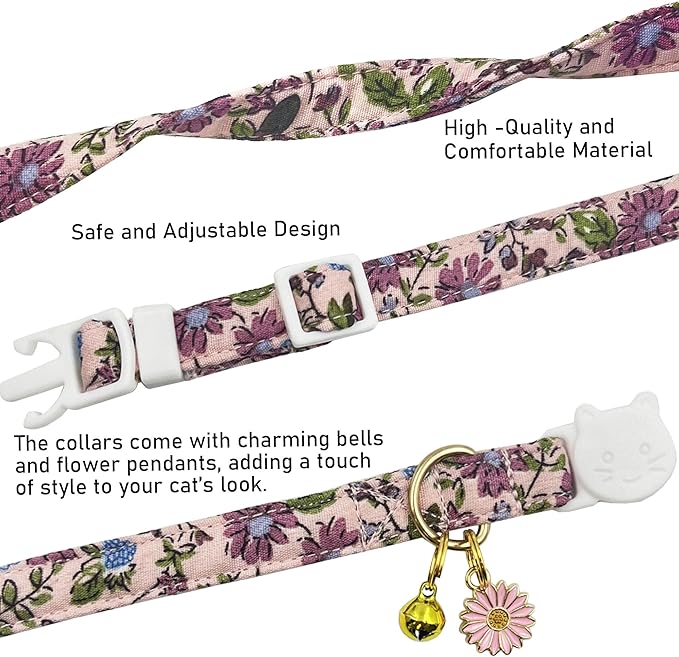 2 Pack Cotton Breakaway Cat Collars Set with Bell and Flower Pendant, Cute Floral Fruit Patterned, Adjustable 7.5-11Inch, Include A Mouse Toy Gift