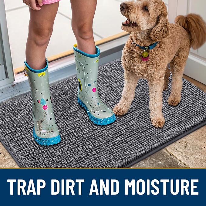 Smiry Dog Door Mat for Muddy Paws 24x16, Absorbs Moisture and Dirt Doormat, Non-Slip Washable Quick Dry Chenille Front Door Mat Indoor Entrance, Entryway Carpet for Inside Floor, Dark Grey