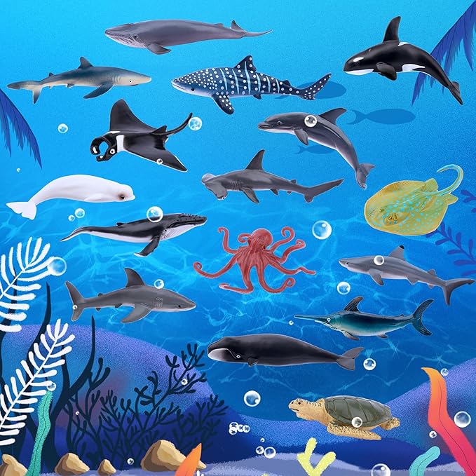 TOYMANY 24pcs Mini Ocean Animal Figurines: Realistic Cake Toppers with Sharks, Whales & Octopus - Great for Kids' Parties, Gifts & School Projects