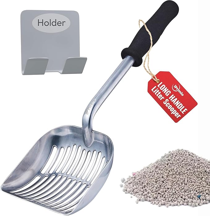 iPrimio Monster Metal Cat Litter Scoop with 17-Inch Long Handle - Extra Large Deep Shovel with Rounded Corners for Extended Reach and Soft Ergonomic Grip for Effortless Cleaning
