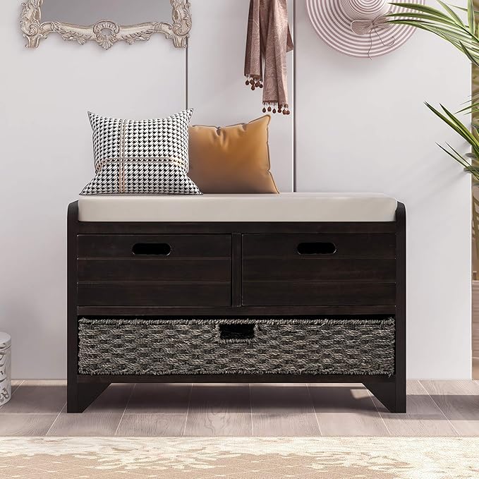 Storage Bench with Removable Basket 2 Drawers Fully Assembled Acacia Wood Shoe Bench Standing Shoe Rack Removable Cushion for Living Room, Entrance Hallway, No Assembly Required Espresso