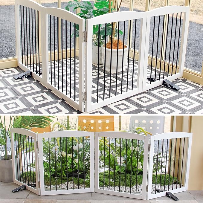 ZJSF Freestanding Panel Gate for Indoor Doorways, Stairs, or Hallways - Foldable White Wooden Dog Gates - Support Feet Included - 32" Height - 4 Panels