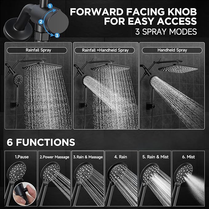 Veken Wide Rain Shower Head with 6 Modes Handheld Water Spray,High Pressure Showerhead Combo with Arm for Bathroom Accessories,Home Decor Adjustable Dual Shower with Anti-Clog Nozzles,Matte Black