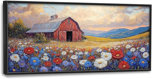 Large Farmhouse Barn Daisy Wall Art for Living Room, Floral Landscape Canvas Oversized Wall Decor, Flower Scenery Framed Pictures Painting Print Artwork for Bedroom Office 60"L x 30"W