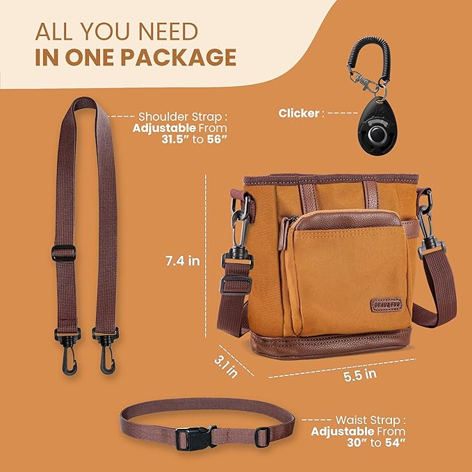 BEAU&FUR Dog Treat Pouch with Clicker for Training - Hands-Free Dog Treat Bag with Magnetic Closure, Built-in Poop Bag Holder Pocket