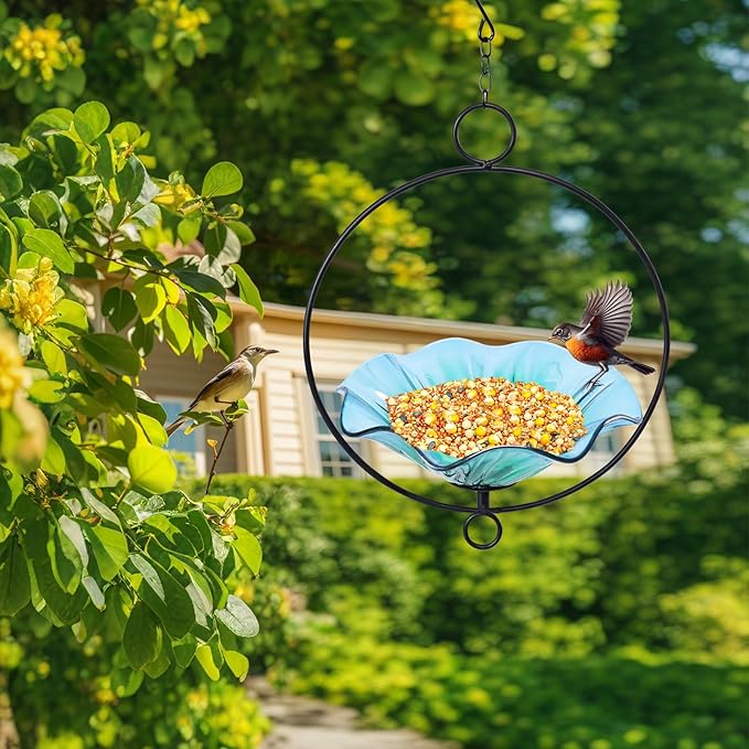 MUMTOP Hanging Bird Bath-Bird Baths for Outdoors - Flower Glass Bird Water Bowl with Hanging Circle, Bird Feeders for Outside, Garden, Lawn Yard Decor(Cyan)