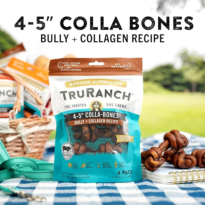 4-5" Collagen Bones, Bully - Collagen Dog Bones - Long Lasting Healthy Joint Support Dog Treat - Rawhide Alternative - Skin & Coat Health, 1 Bag, 4 Count