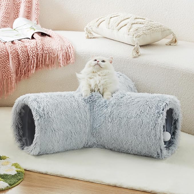 Tempcore Plush Pet Cat Tunnel Tube Cat Toys 3 Way Collapsible, Tunnels for Indoor Cats,Kitty Tunnel Bored Pet Toys Peek Hole Toy Ball Puppy, Kitty, Kitten, Rabbit Light Grey