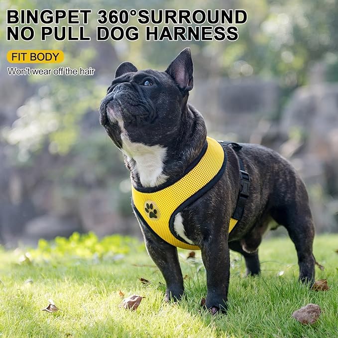 BINGPET No Pull Dog Harness,Soft Mesh Breathable All Weather Vest Harness,Safety Protection Design Durable Adjustable Step-in Easy Walk Dog Harness for Small Medium Large Dogs(Yellow,L)