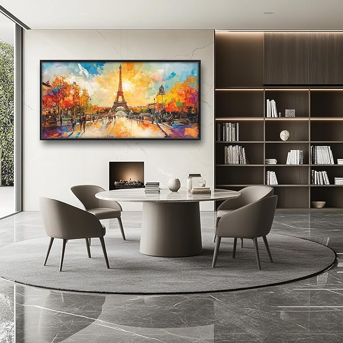 Framed Large Eiffel Tower Wall Art for Living Room, Oversized Paris City Street Landscape Wall Decor, Colorful Sunrise Canvas Painting Modern Artwork for Living Room Bedroom Office 60"x30"