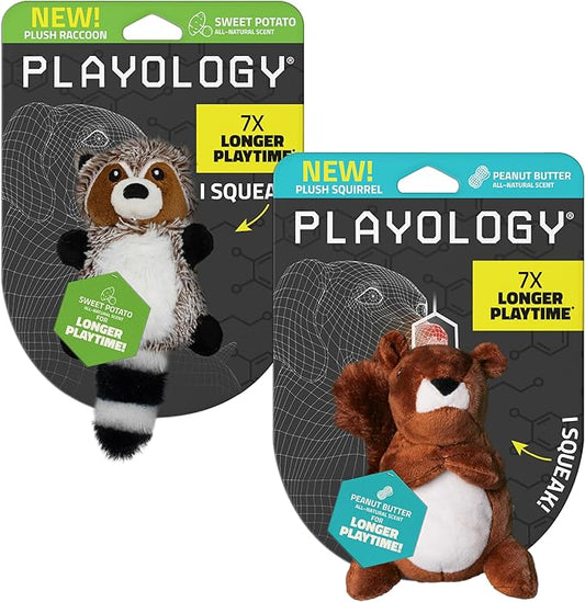 Playology Dog Toys | Plush Toy Raccoon & Squirrel (Value 2-Pack) Stuffed Animal for Dogs | Small Peanut Butter/Sweet Potato Scented Toys - Easy to Clean and Made from Non Toxic Materials