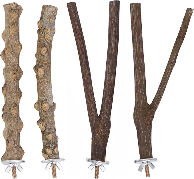 CozyCabin Natural Wood 4Pcs Bird Perches Stand, Hanging Cage Toys Accessories for Small Parrot Budgies Conure Parakeets Cockatiels Lovebirds