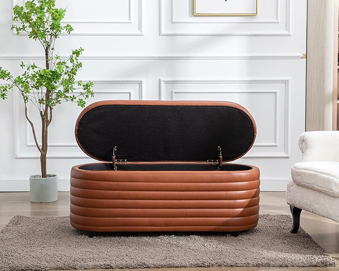 Storage Ottoman Bench Upholstered PU Leather End of Bed Stool with Safety Hinge for Bedroom, Living Room, Entryway (44.5-inch, Brown), TN2436