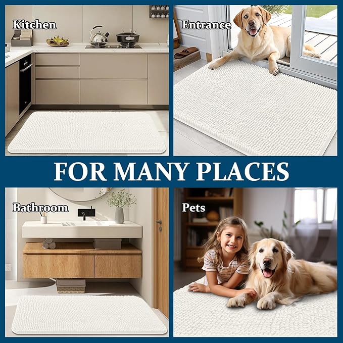 OLANLY Dog Door Mat for Muddy Paws 34x21, Absorbs Moisture and Dirt, Absorbent Non-Slip Washable Doormat, Quick Dry Chenille Mud Mat for Dogs, Entry Indoor Entryway Carpet for Inside Floor, Ivory