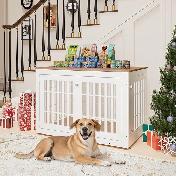 48" Heavy Duty Dog Crate Furniture for Small,Medium and Large Dogs,Rustic Wooden Dog Cage Kennel Indoor Furniture with Waterproof Top,Decorative Pet House Side End Table (White & Wood)