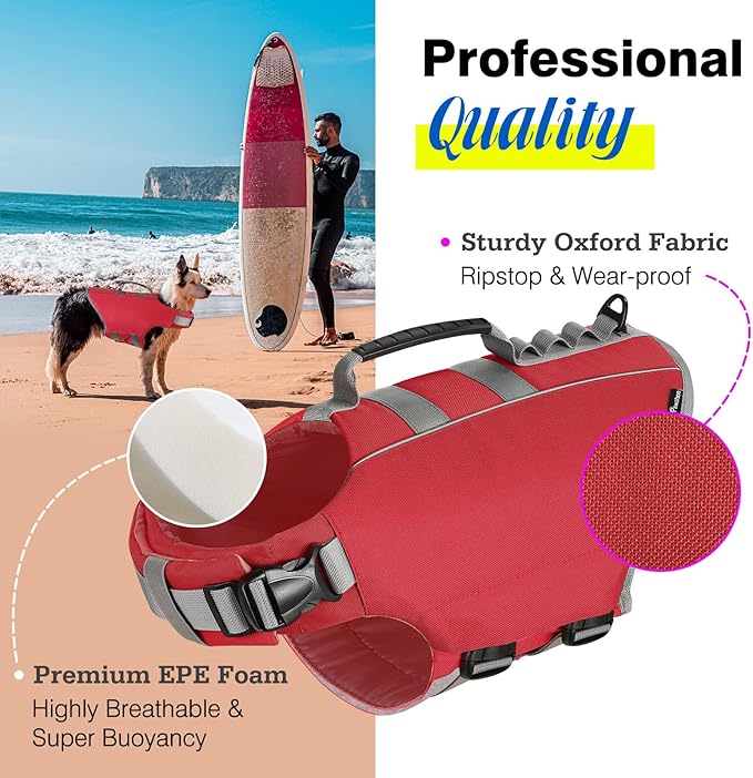 Pawaboo Dog Life Jacket, Reflective Dog Safety Vest Adjustable Pet Life Preserver with Strong Buoyancy & Sturdy Rescue Handle, Ripstop Dog Lifesaver Vests for Swimming, Boating, XL, Red