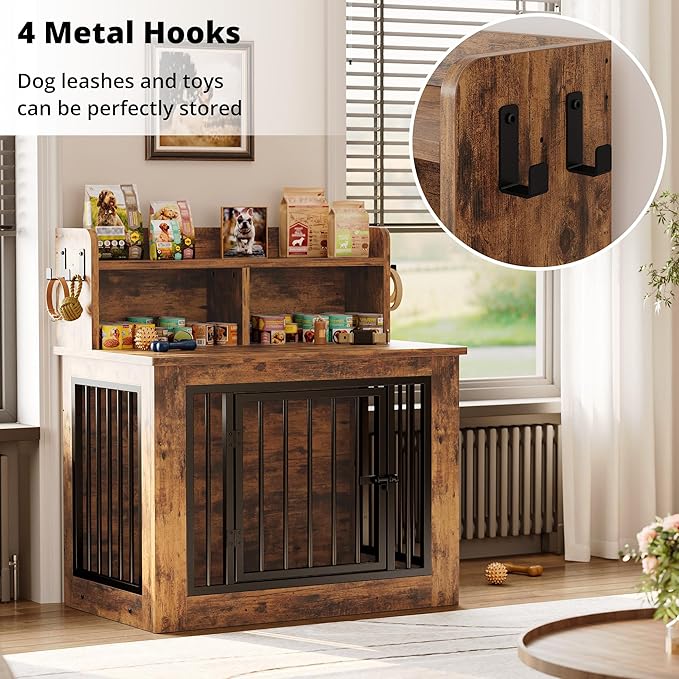 IRONCK Dog Crate Furniture, 33.4 inches Wooden Small Dog Crate with Storage and 4 Hooks, Heavy Duty Pet Crate for Small Dog, Decorative Pet Cage for Indoor (22" L x 33.4" W x 37.4" H)