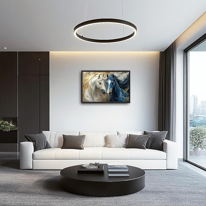 Framed Large Horse Wall Art for Living Room, Oversized Abstract Horses Wall Decor Blue and Golden Canvas Painting Animal Pictures Modern Artwork for Living Room Bedroom Office 36"x24"