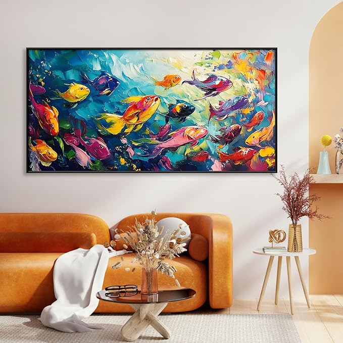 School of Fish Printed Canvas Wall Art – Framed Abstract Ocean Print – Vibrant Fish Wall Decor for Living Room, Bedroom, Office (Gold Framed, 24"x12"|60x30cm)