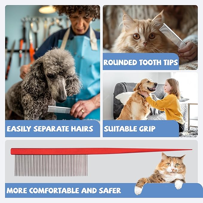 Grooming Pet Comb Rat Tail Dematting Cat and Dog Comb,Rounded Ends Design for Safe Tangle Removal, Hairstyling, Massage,Loose Hair Removal,Prevent Irritation,Fluffing Paws,Face,Tail,Remove Tear Stain