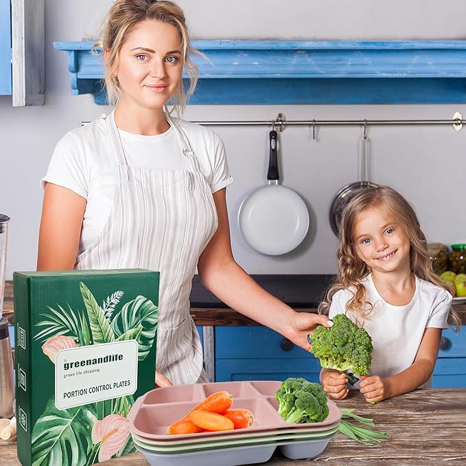 greenandlife 10.8 Inch 4PCS Divided Plates for Kids Adults, Portion Control Plates, Dishwasher & Microwave Safe Compartment Plate, Unbreakable Lightweight Reusable Wheat Straw Plates, INS