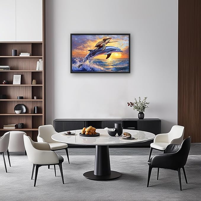 Large Funny Sea Turtle Wall Art for Living Room, Framed Oversized Ocean Dolphin Wall Decor Sunset Nautical Canvas Painting Modern Artwork Home Decoration for Bedroom Office 36"x24"