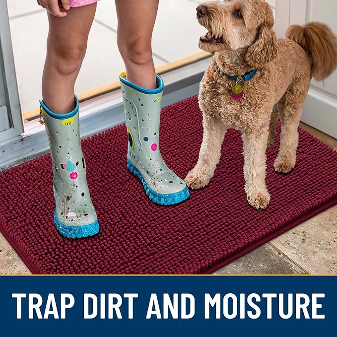 Smiry Dog Door Mat for Muddy Paws 36x24, Absorbs Moisture and Dirt Doormat, Non-Slip Washable Quick Dry Chenille Front Door Mat Indoor Entrance, Entryway Carpet for Inside Floor, Burgundy