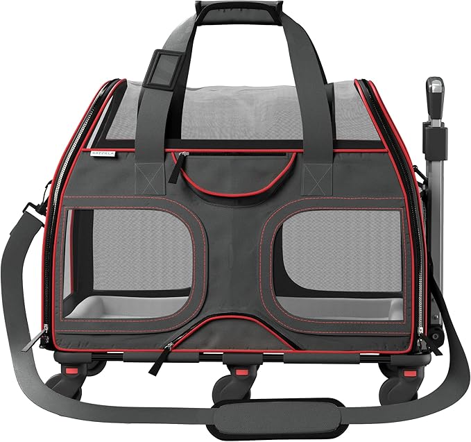 Katziela Pet Carrier - Airline Compliant - TSA Approved Pet Carrier for Small Dogs and Cats - Soft FAA Travel Airplane Dog Carrier Luggage (Black/Red)