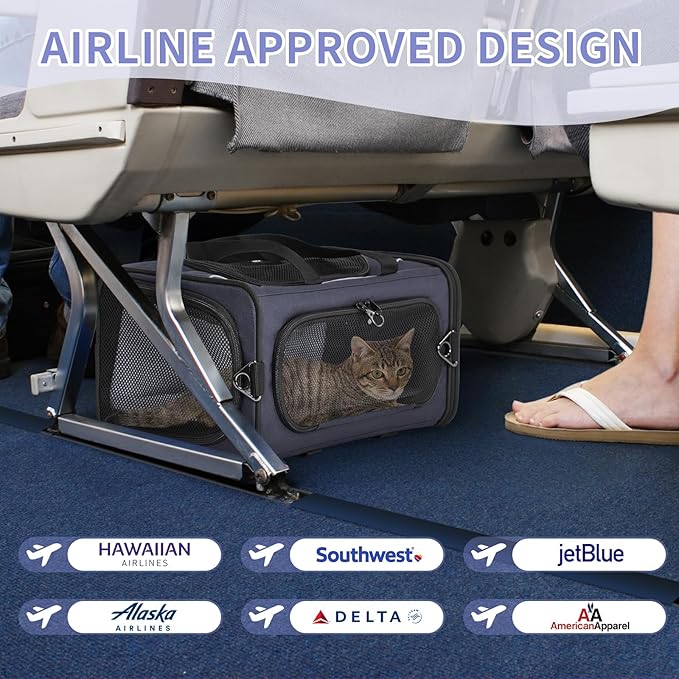 Petsfit Airline Approved Pet Carrier for Small Cats, 16.5x8.6x11 TSA Approved Carrier, with Removable Dual-Sided Padding (2-Way Placement) - Fits Under Most Airplane Seats, Escape Proof (Navy)