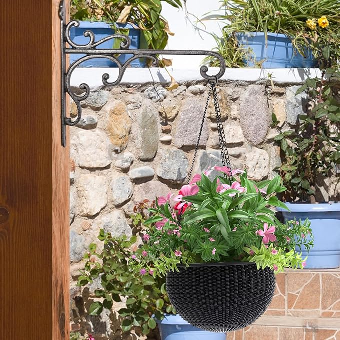 Sungmor Cast Iron Wall Hook Plant Hangers - Home & Garden Heavy Duty Hanging Bracket Plant Hooks - 2PC BLACK Decorative Wall Mount Hooks for Hanging Planter Pot Bird Feeder Birdcage Lantern Wind Chime