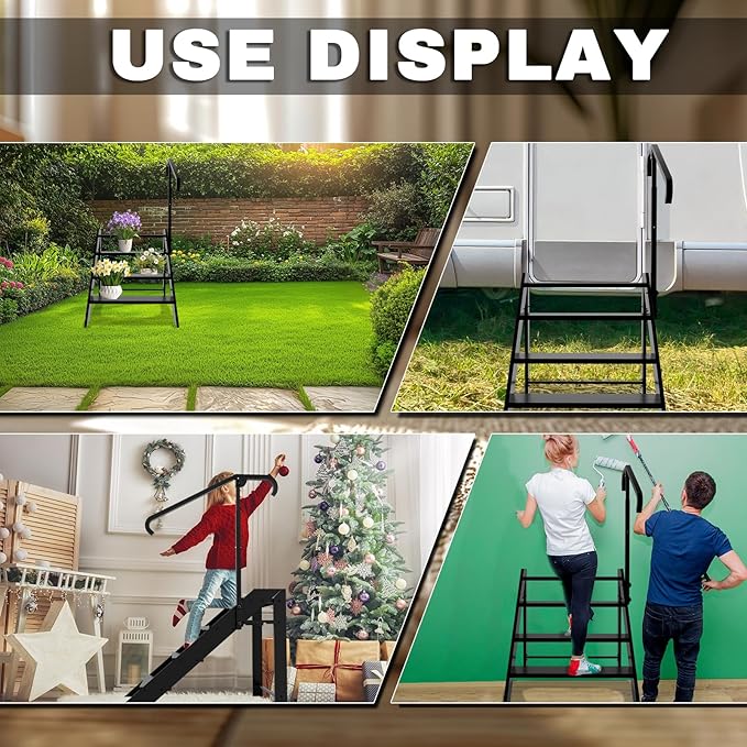 RV Step Stool Foldable, Folding 4 Step Ladder, Hot Tub Steps with Handrail, Portable Pool Ladder, 660Lbs Heavy Duty Ladder Shelf Outdoor Mobile Home Stairs for Camper, Porch, SPA Poo, Pet