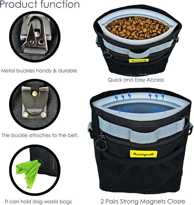 Dog Treat Pouch with Magnetic Closure 4-Cup Silicone Bag Fanny Pack Holder with Clicker 4 Ways to Wear Front Pocket Fits All Phones Ideal for Leash, Pet Walking and Training(Black)