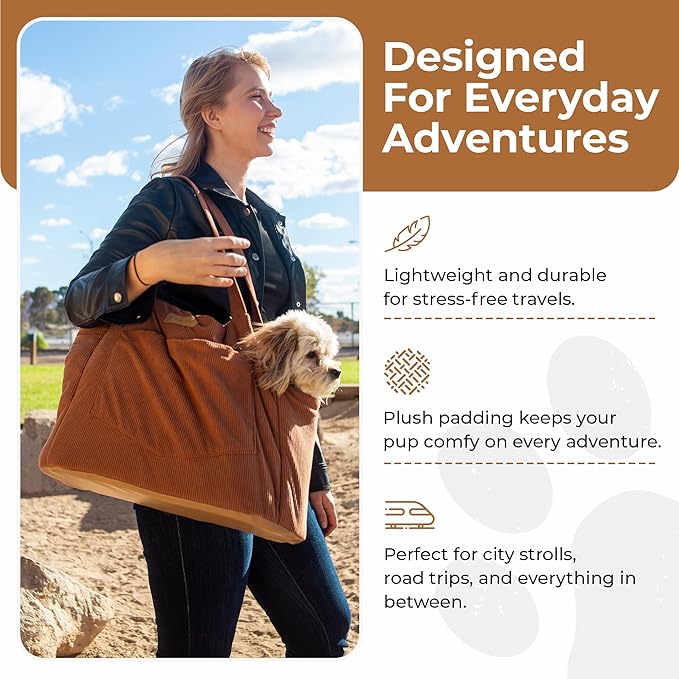 Corduroy Dog Carrier - Lightweight Cotton Soft-Sided Pet Tote with Safety Harness Clip - Breathable Travel Carrier for Small Dogs and Puppies (Brown)