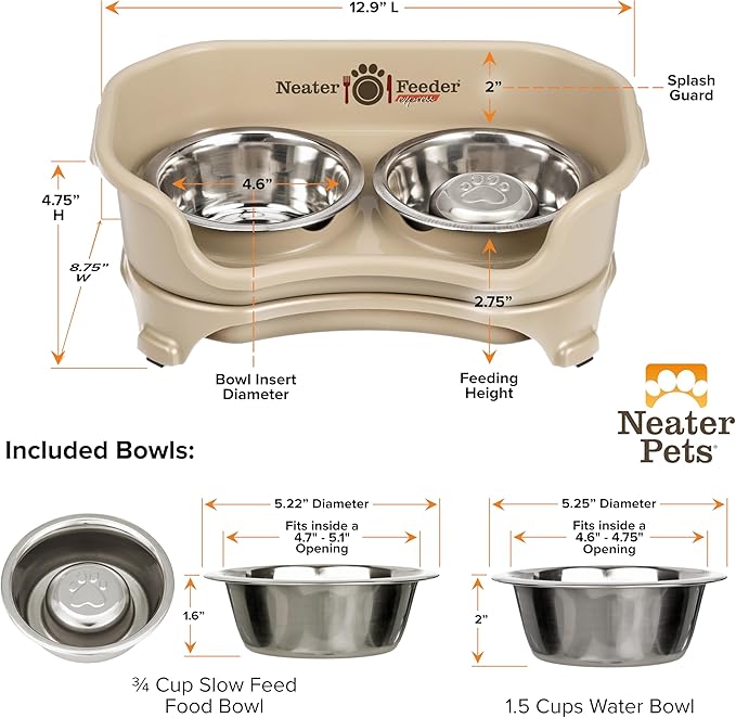 Neater Feeder Express Mess Proof Dog Bowls Elevated for Small Breed – Made in USA – No Spill Raised Slow Feeder Elevated Dog Bowl Stand, Stainless Steel Food and Water Bowl Set, Almond