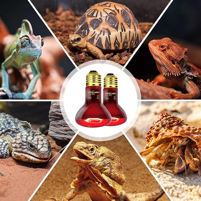 REPTI ZOO 75W Reptile Heat Lamp Bulb 2PCS Infrared Heat Emitter Red Heat Lamp for Reptile Amphibian, Infrared Basking Spot Light Bulb