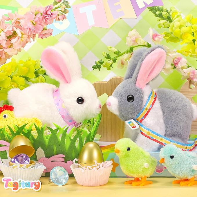 Tagitary Plush Bunny Toy for Kids,Easter Interactive Realistic Bunny with Leash,Golden Egg and Wind Up Toy,That Hopping,Ears Wiggling,Twitching Nose,Rabbit Toys Easter Stuffers Gift for Toddlers