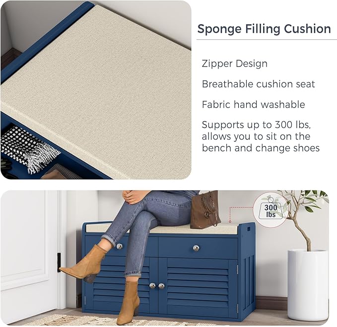 Shoe Storage Bench with 2 Drawers & 2 Doors, Entryway Bench with Cushion, 2 Adjustable Shelves, Shoe Cabinet for Entryway, Living Room, Hallway, Mudroom, Bedroom, Blue