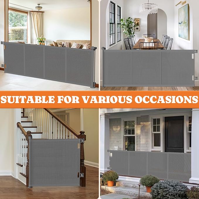 Upgrade 200" Retractable Baby Gates Extra Wide with Reinforced Strips, Mesh Retractable Dog Gate for Garage, 41" Tall Retractable Gate Indoor Outdoor for Pet and Baby-Grey
