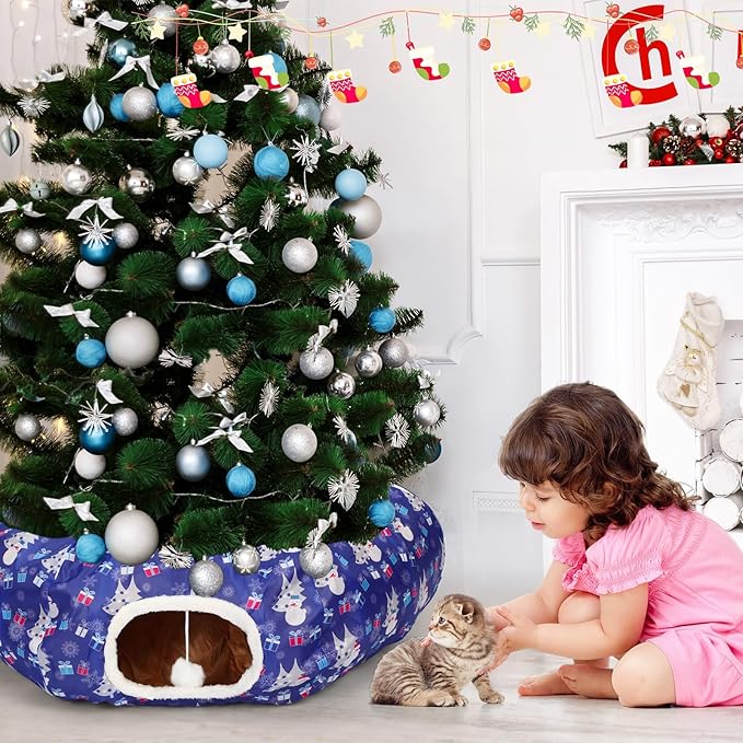 Christmas Cat Tunnel Bed for Indoor Cats Under Christmas Tree Skirt Tube with Hanging Ball Plush Cat Cave, Washable Holiday Pet Gift Toy & Gift for Kittens(Snowman)