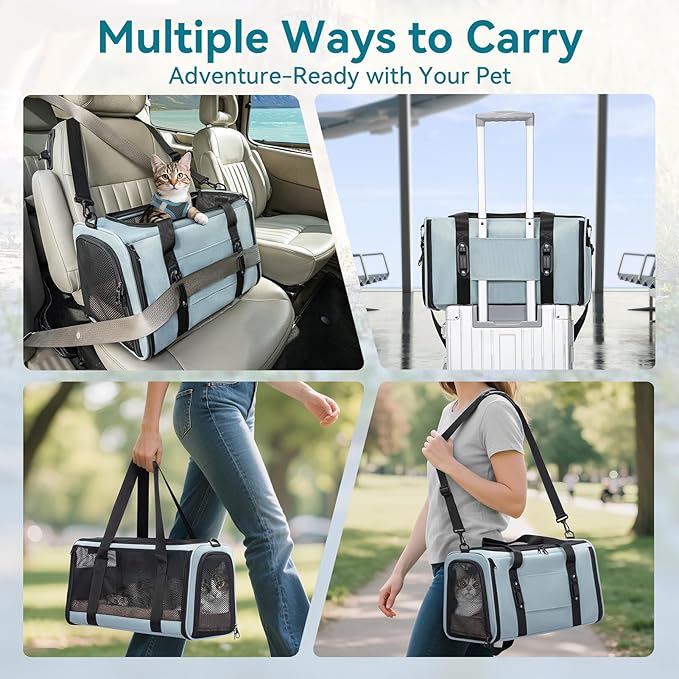 PETSFIT Soft-Sided Cat Carriers & Car Seats with Patent Safe Buckles, Clip-On Harness,18"x11"x11" Airline Approved Pet Carrier - 9 lbs Capacity (Cyan Blue)